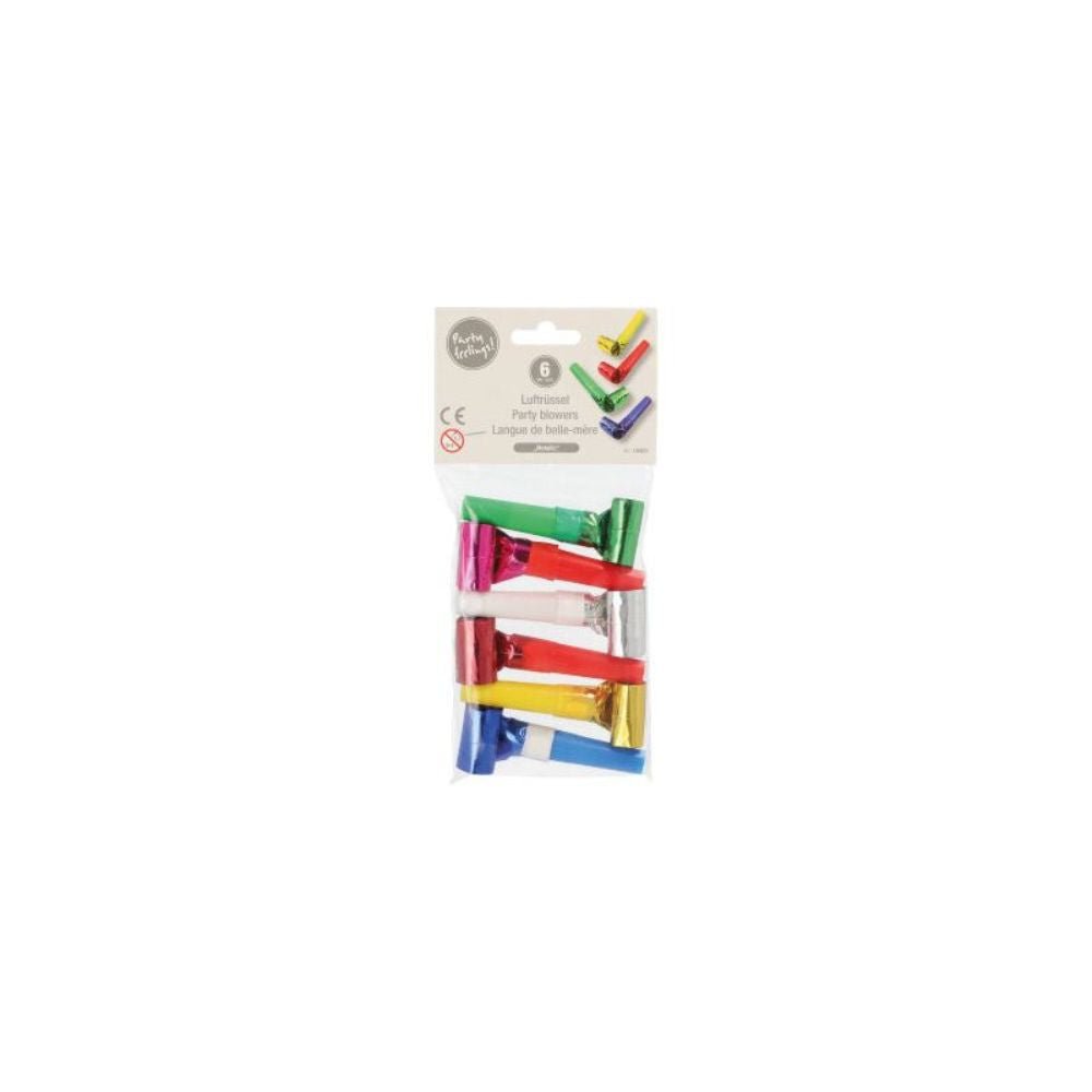 The PAPSTAR 6 party blower set from PAPSTAR GmbH is perfect for children's birthday parties and includes colorful party blowers in red, blue, yellow, and green. They are delivered in a transparent package with printed labels and are an essential party accessory for festive occasions.