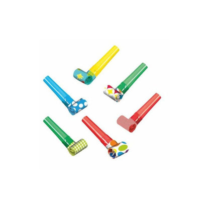 A colorful set with six PAPSTAR 6 party blowers from PAPSTAR GmbH presents unique designs – stripes, dots, bold colors in red, blue, green, and yellow. Ideal for a children's birthday party, they give a festive flair against the white background.
