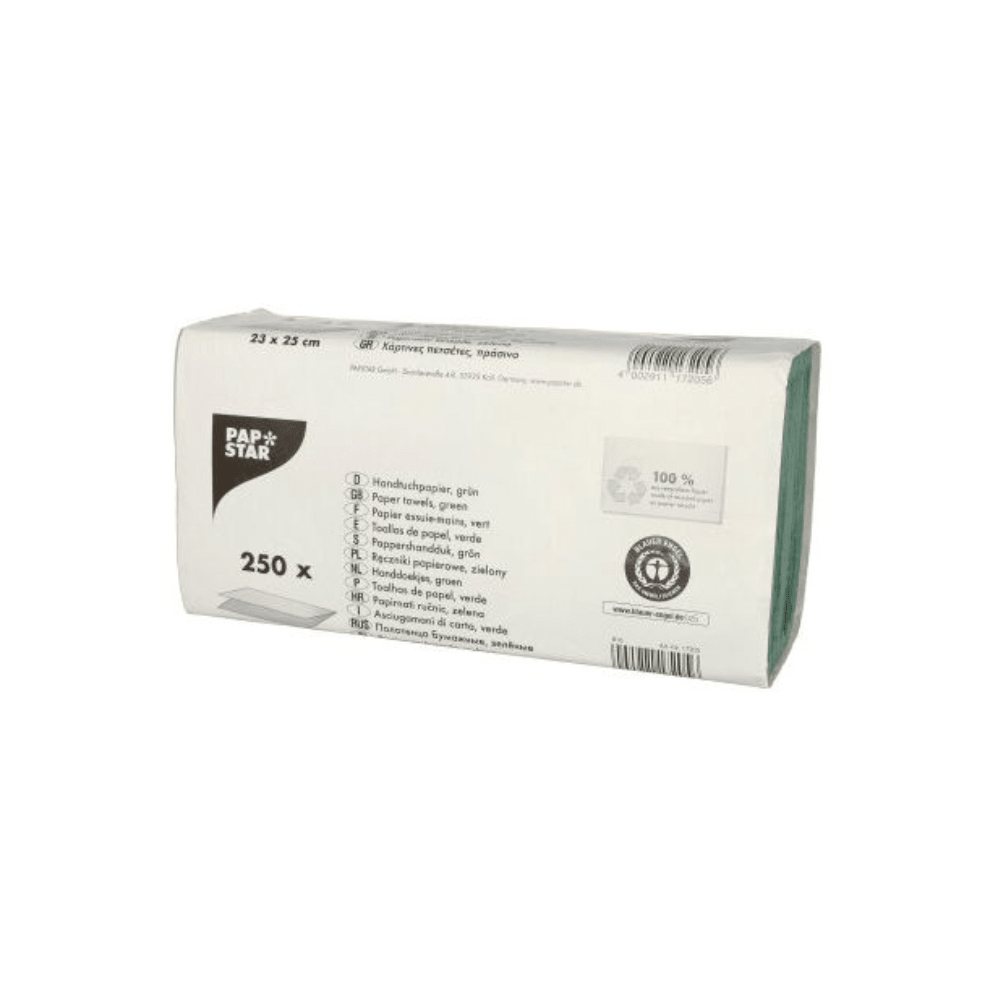 This set of 250 green, eco-friendly paper napkins from PAPSTAR GmbH made of recycled crepe paper measures 25 x 23 cm. The packaging presents product details and the iconic PAPSTAR logo and guarantees quality and sustainability with every use.