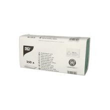 This set of 250 green, eco-friendly paper napkins from PAPSTAR GmbH made of recycled crepe paper measures 25 x 23 cm. The packaging presents product details and the iconic PAPSTAR logo and guarantees quality and sustainability with every use.