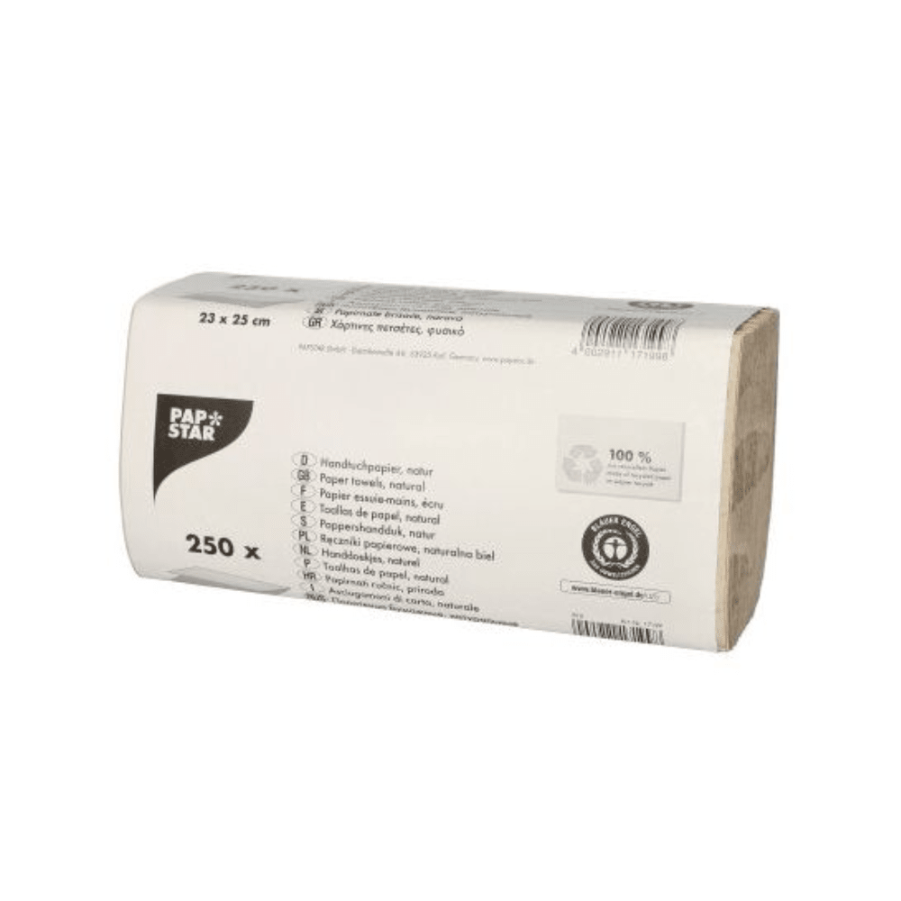 A pack of paper towels from PAPSTAR GmbH is natural colored, measures 25 x 23 cm, and is designed in a zigzag fold. Each pack contains 250 single-ply towels and is proudly marked with the Blue Angel environmental label.