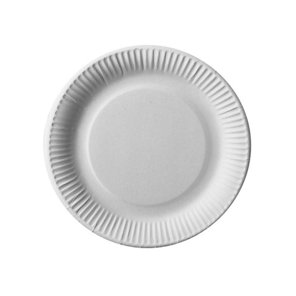 The PAPSTAR cardboard plate round "pure" Ø 23 cm in white from PAPSTAR GmbH, with FSC® certification for sustainability, has a smooth center with a textured, ribbed outer edge. This round disposable cardboard plate is presented on a simple white background and offers an eco-friendly design ideal for gatherings.