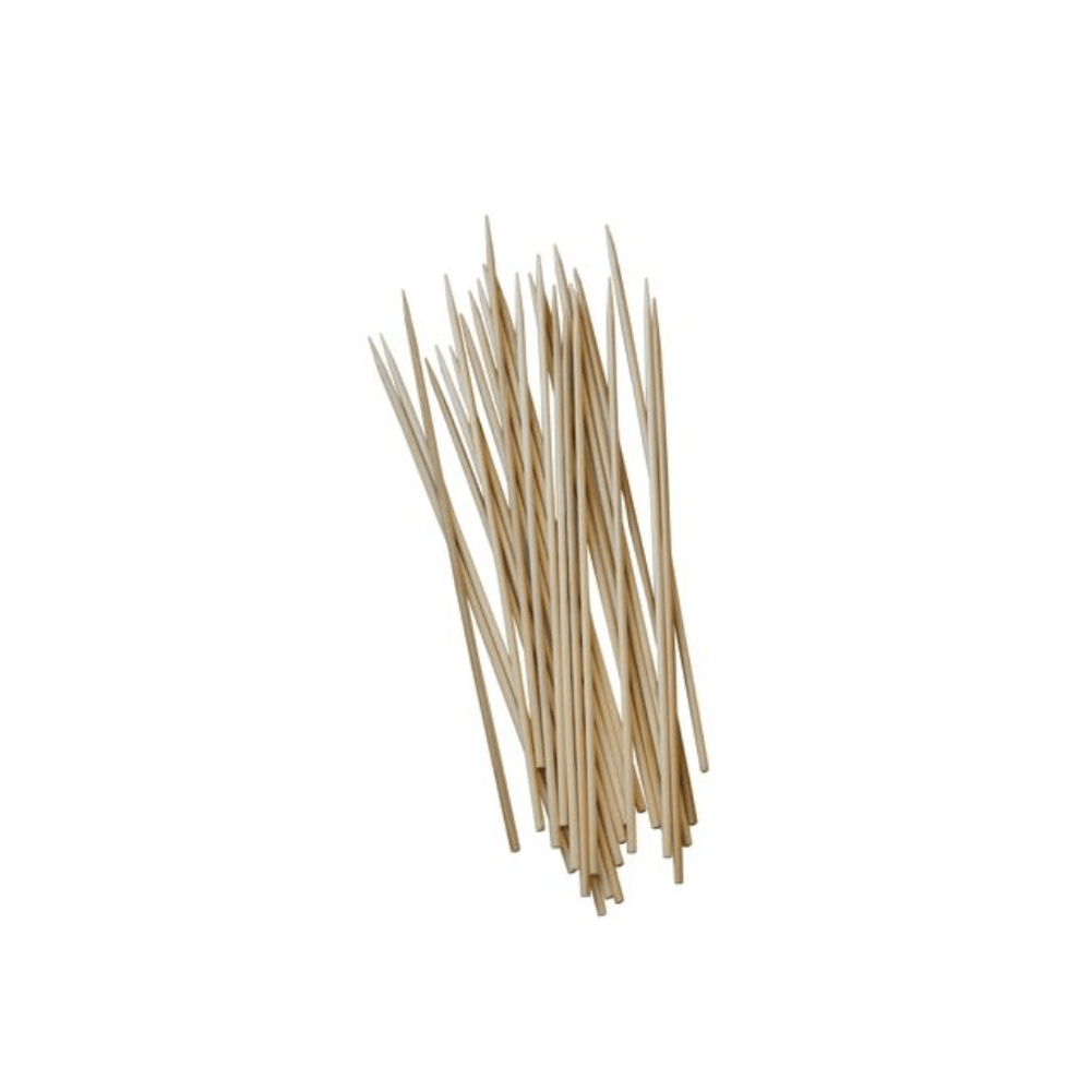 A bundle of PAPSTAR wooden skewers "pure" (Ø 3 mm, 20 cm long, 1000 pieces) from PAPSTAR GmbH with pointed tips is slightly fanned out on a white background.