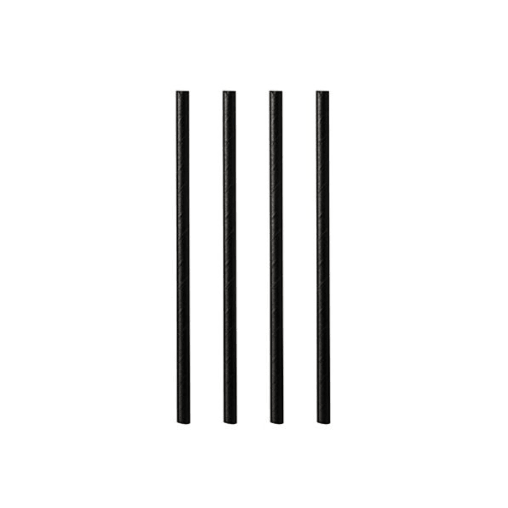 Four black cylindrical rods reminiscent of PAPSTAR 100 shake straws, paper Ø 8 mm from PAPSTAR GmbH, stand upright in a row against a simple white background.