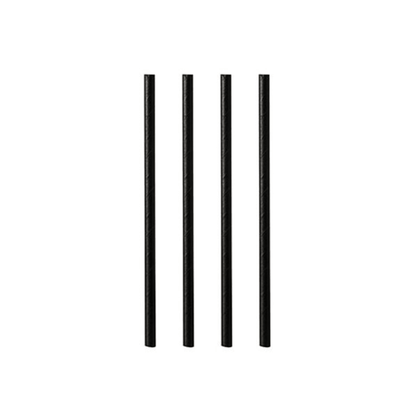 Four black cylindrical rods reminiscent of PAPSTAR 100 shake straws, paper Ø 8 mm from PAPSTAR GmbH, stand upright in a row against a simple white background.