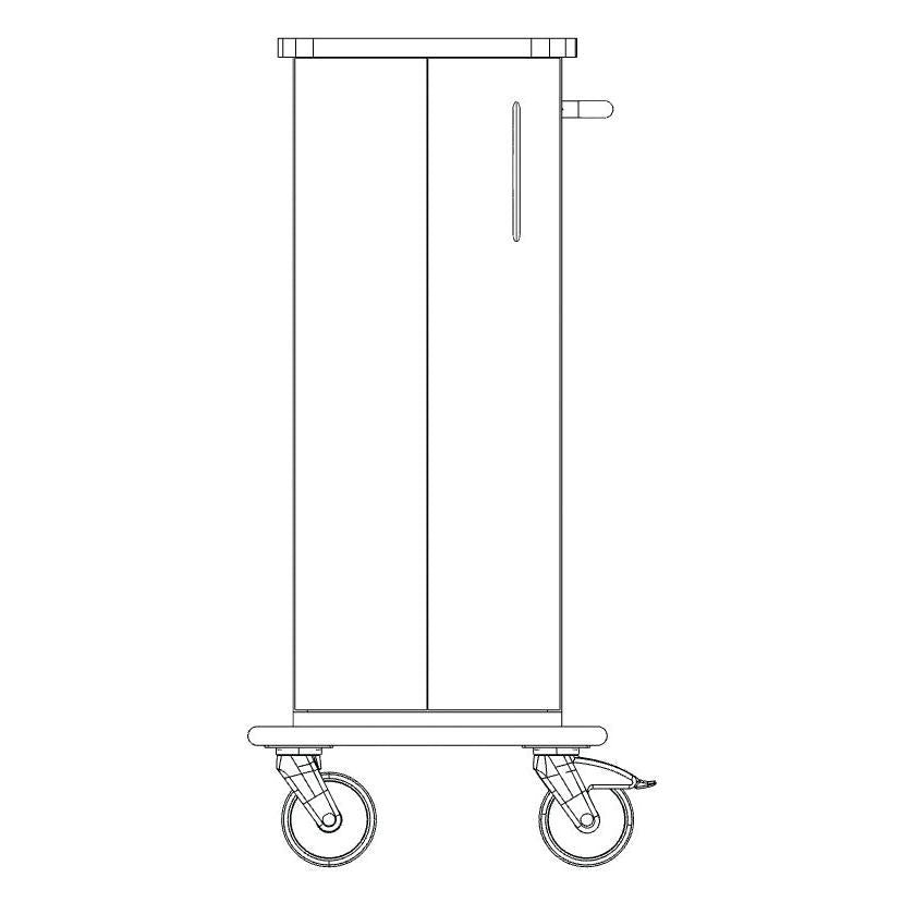 Front view of the Novocal care and work trolley chassis with two large wheels, a rectangular housing, a vertical side handle, and a continuous full plastic plate. Brand: Novocal.