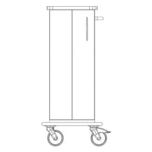 Front view of the Novocal care and work trolley chassis with two large wheels, a rectangular housing, a vertical side handle, and a continuous full plastic plate. Brand: Novocal.