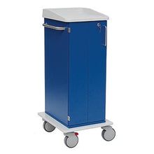 The Novocal care and work trolley has a blue design with a white full plastic plate, side handle, lockable cabinet door, and four large gray wheels for mobility.