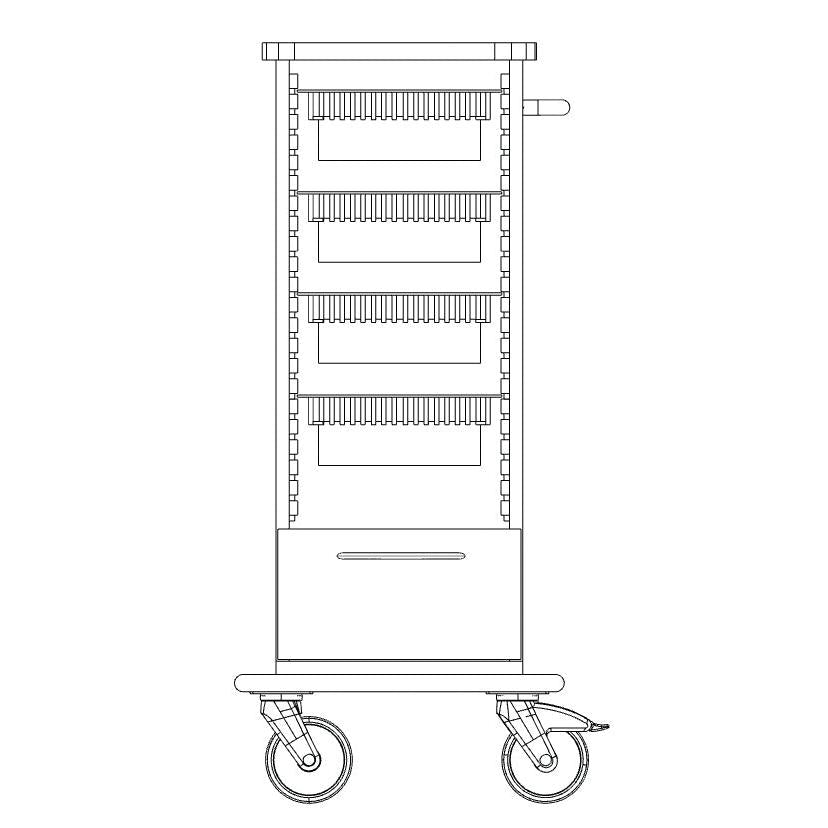 Black-and-white line drawing of the Novocal care and work cart chassis with four luggage racks, handle, two large stationary wheels, full plastic plate, and a power cable on the lower right side. Brand: Novocal. Packaging: 1 piece.
