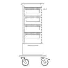 Black-and-white line drawing of the Novocal care and work cart chassis with four luggage racks, handle, two large stationary wheels, full plastic plate, and a power cable on the lower right side. Brand: Novocal. Packaging: 1 piece.