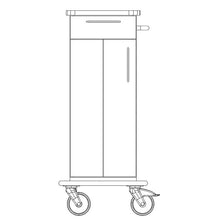 Black and white line drawing of a Novocal care and work cart chassis (1 piece, full plastic plate), with two large wheels, front doors, handle on the right side, and flat top. Brand: Novocal.