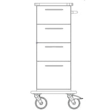 Line drawing of a tall, rectangular Novocal care and work trolley chassis with three horizontal drawers, a handle on the right side, and two large wheels at the bottom, seen from the front. Brand: Novocal.