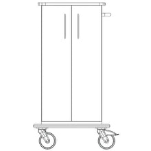 Black and white line drawing of a Novocal care and work cart chassis, package (1 piece), with two doors, handles, flat top and bottom, and large detailed full plastic platform wheels.