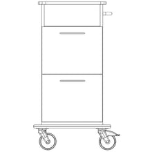 Black and white line drawing of the Novocal care and work trolley with a full plastic chassis, two large drawers with horizontal handles, four wheels, and a side handle, shown from the front. Brand: Novocal. Package (1 piece).