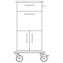 Front view of the Novocal care and work cart: with a full plastic chassis, upper drawer, lower cabinet with two doors, handle on the right side, and two large wheels. Brand: Novocal.