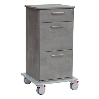 The Novocal care and work trolley chassis features a full plastic base, three drawers with metal handles, a lock for the top drawer, and four swivel casters - two of them with red brakes. Brand: Novocal. Package: 1 piece.