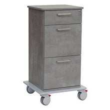 The Novocal care and work trolley chassis features a full plastic base, three drawers with metal handles, a lock for the top drawer, and four swivel casters - two of them with red brakes. Brand: Novocal. Package: 1 piece.