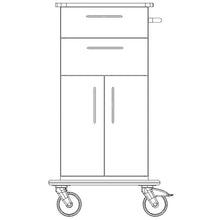 Line drawing of a Novocal care and work cart with a continuous full plastic plate, two large and two small wheels, upper drawer, two lower doors, handle on the right side, and robust chassis.