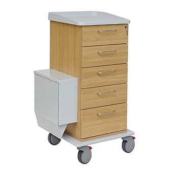 The Novocal care and work cart features a full plastic frame, a wooden surface, five drawers with metal handles, a lockable top drawer, a white side box, and four swivel casters for easy mobility.