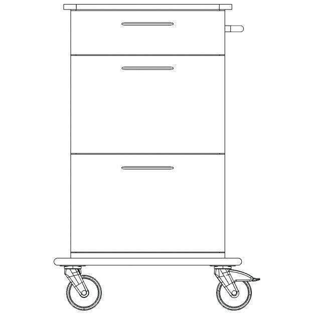 A line drawing of the Novocal care and work cart shows a device with three drawers, a handle on the right side, and two large wheels, ideal for transporting or storing items in care facilities.