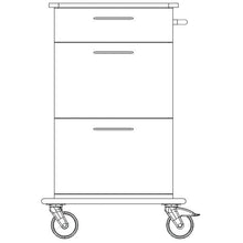 A line drawing of the Novocal care and work cart shows a device with three drawers, a handle on the right side, and two large wheels, ideal for transporting or storing items in care facilities.