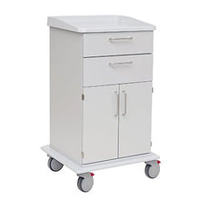The Novocal care and work trolley with two drawers, a two-door cabinet, metal handles, and four wheels (rear with red brakes) is ideal for care areas. Robust full plastic chassis. Package: 1 piece.