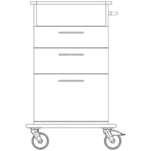 Line drawing of a Novocal care and work cart chassis consisting of a continuous solid plastic plate, with three drawers, a flat storage surface, a right handle, and two large wheels at the bottom.