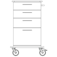 Black and white line drawing of the Novocal care and work cart, featuring a full plastic frame with three drawers, a large bottom compartment, two large front wheels, and two smaller rear wheels. Brand: Novocal.