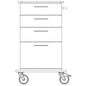 Black and white line drawing of the Novocal care and work cart, featuring a full plastic frame with three drawers, a large bottom compartment, two large front wheels, and two smaller rear wheels. Brand: Novocal.