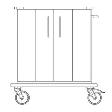 Line drawing of the Novocal care and work cart: utility cart with two cabinet doors, handle on the right side, and four large wheels; with a robust solid plastic top. The front view shows two wheels. Brand: Novocal.
