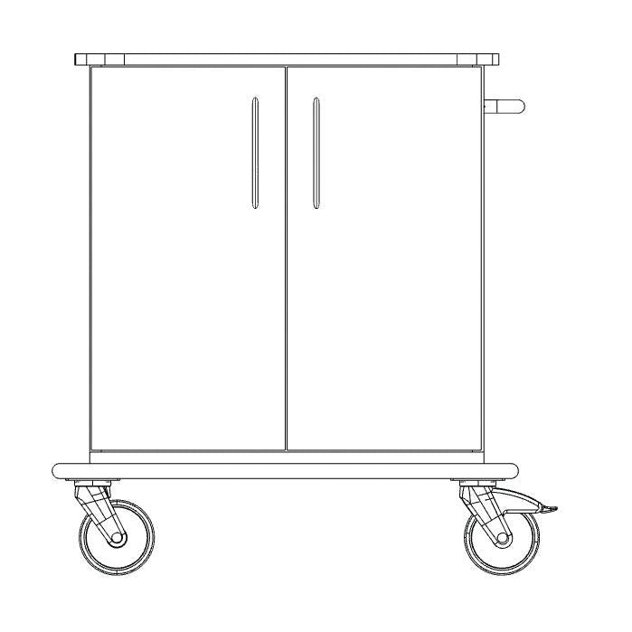 Line drawing of the Novocal care and work cart chassis with two vertical handles on double doors, flat top, side handle, and four large swivel casters - ideal for use in hospitals. Brand: Novocal. Package (1 piece).