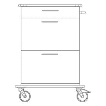 Front view of the Novocal care and work cart: with two large drawers, a small drawer, full plastic platform, four swivel castors, and a handle on the right side.