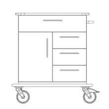 Black-and-white line drawing of a Novocal care and work cart chassis (full plastic), with an upper drawer, three side drawers, a cabinet door, large castors, and a handle on the right side. Brand: Novocal.