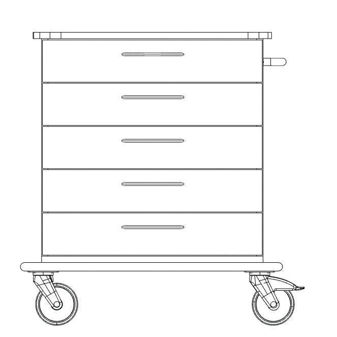Front view line drawing of the Novocal care and work cart chassis with four drawers, handles on each drawer, two large front wheels and two smaller rear wheels. Brand: Novocal. Package: 1 piece.