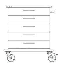 Front view line drawing of the Novocal care and work cart chassis with four drawers, handles on each drawer, two large front wheels and two smaller rear wheels. Brand: Novocal. Package: 1 piece.