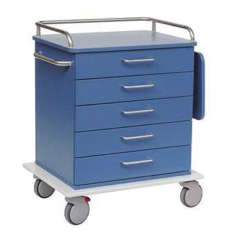 A blue Novocal care and work cart chassis with five drawers, metal handles and rails, side handle, right fold-out shelf, four swivel casters (one with red brake pedal); made of durable solid plastic sheet.