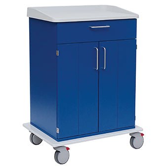 The Novocal care and work trolley features a white worktop, a pull-out drawer, a two-door cabinet, and four wheels with gray and red accents for easy storage and mobility in care facilities.