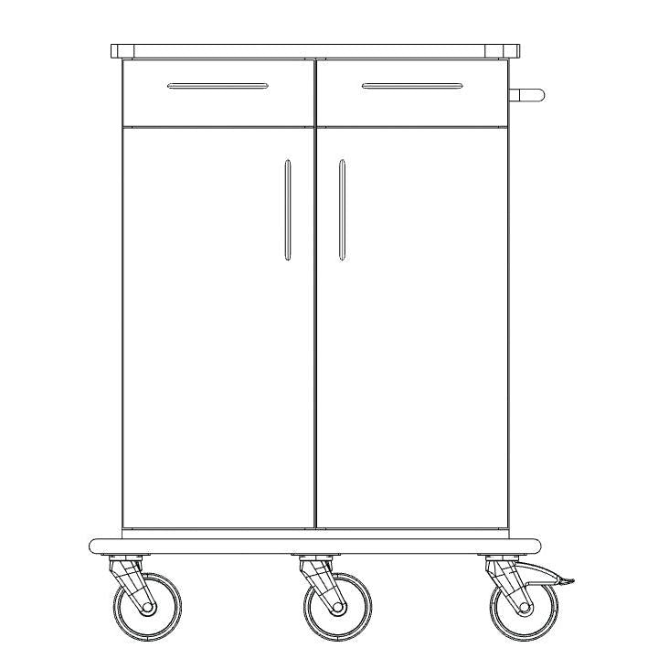 A line drawing of the Novocal care and work trolley chassis by Novocal shows a rolling cart with two large doors, two drawers, a handle on the right side, and four swivel castors - ideal for storage or transport.