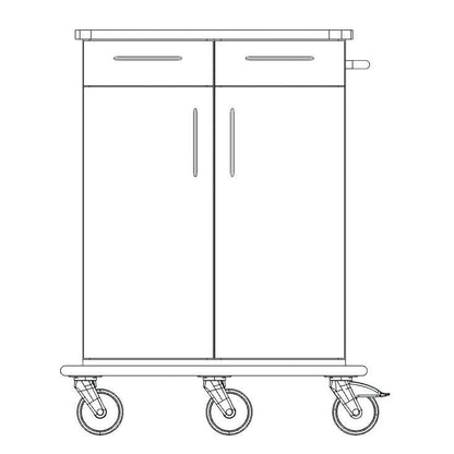 A line drawing of the Novocal care and work trolley chassis by Novocal shows a rolling cart with two large doors, two drawers, a handle on the right side, and four swivel castors - ideal for storage or transport.