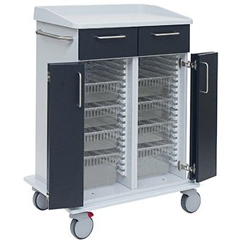 The Novocal care and work trolley has a robust full plastic chassis, two upper drawers, open double doors with transparent shelves inside, and four wheels for easy mobility.