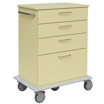 The Novocal care and utility cart features a beige design with four drawers, metal handles, four swivel casters, and a sturdy side handle. The frame is made of solid, durable plastic. Brand: Novocal. Package (1 piece).
