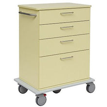 The Novocal care and work trolley has a beige design with four drawers, metal handles, four swivel casters, and a sturdy side push handle. The frame is made of continuous, sturdy plastic. Brand: Novocal. Package (1 piece).