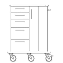 Line drawing of the Novocal care and work cart with a full plastic chassis, featuring four left drawers, a right vertical cabinet and handle, as well as four wheels on the bottom. With a horizontal handle on the right side. Brand: Novocal.