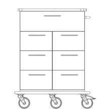 Line drawing of a Novocal care and work trolley chassis made of solid plastic with a large top drawer, six smaller drawers in two rows, a right side handle, and four swivel casters at the base.