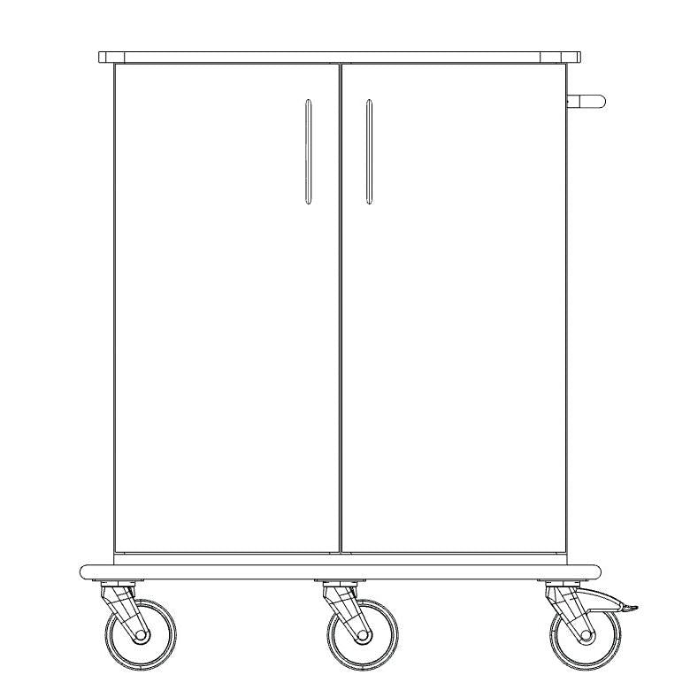 A line drawing of the Novocal care and work trolley shows a rectangular chassis with two vertical doors, four swivel castors, a side handle, and a continuous full plastic panel for stability and easy mobility.