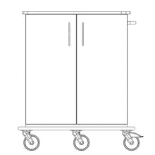 A line drawing of the Novocal care and work trolley shows a rectangular chassis with two vertical doors, four swivel castors, a side handle, and a continuous full plastic panel for stability and easy mobility.