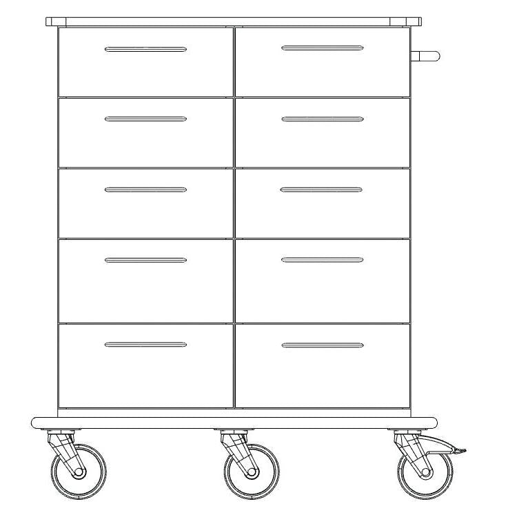 Front view line drawing of a Novocal care and work cart with eight drawers, flat plate, side handle, and four swivel casters on a continuous full plastic plate transport frame. Brand: Novocal. Package: 1 piece.