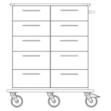 Front view line drawing of a Novocal care and work cart with eight drawers, flat plate, side handle, and four swivel casters on a continuous full plastic plate transport frame. Brand: Novocal. Package: 1 piece.