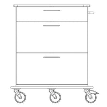Black-and-white line drawing of the Novocal care and work cart chassis made of full plastic with three drawers, four swivel casters (one with a brake lever), and a handle on the right side. Package: 1 piece. Brand: Novocal.