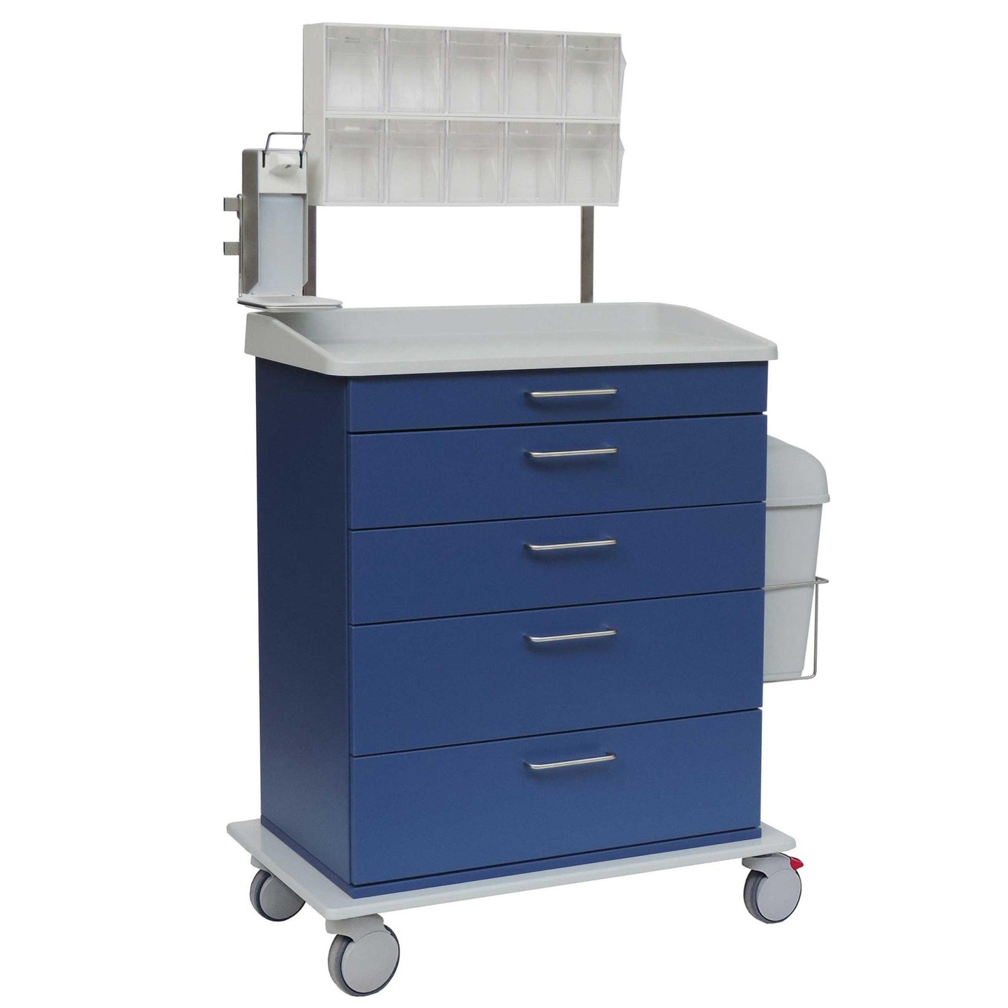 A blue Novocal anesthesia cart with five drawers, a white tabletop, and wheels. Contains a transparent organizer with compartments and a side-mounted waste bin - perfect as an anesthesia unit in clinical settings.